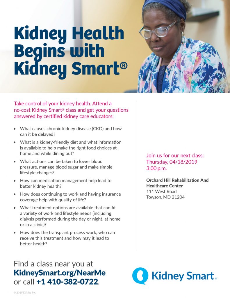 Kidney Smart Class 4/18 Orchard Hill Rehabilitation and Healthcare